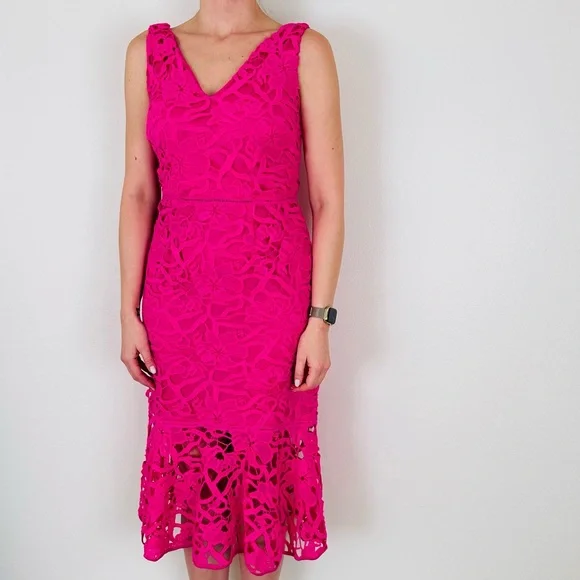 Alexia Admor Floral Lace V-neck Peplum Hem Eyelet Pink Midi Dress - Picture 2 of 14